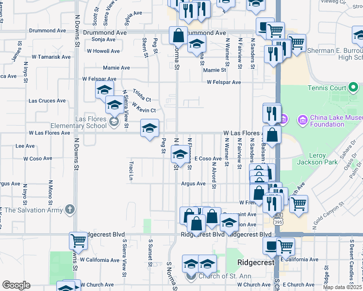 map of restaurants, bars, coffee shops, grocery stores, and more near 433 North Florence Street in Ridgecrest