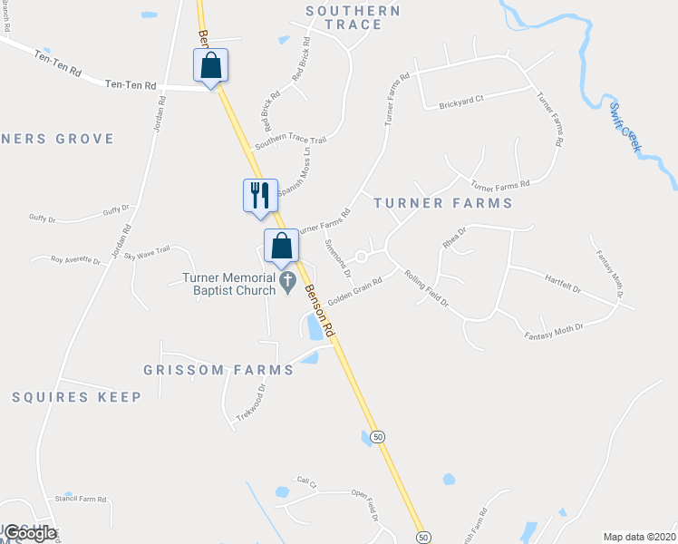 map of restaurants, bars, coffee shops, grocery stores, and more near 5509 Simmons Drive in Garner