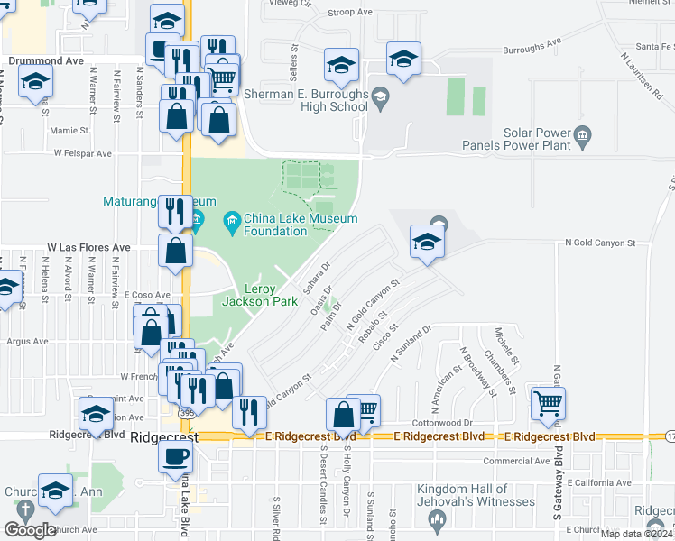 map of restaurants, bars, coffee shops, grocery stores, and more near 433 Oasis Drive in Ridgecrest