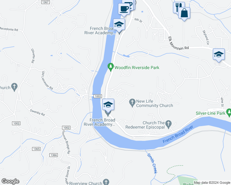 map of restaurants, bars, coffee shops, grocery stores, and more near 11 West City View Drive in Asheville