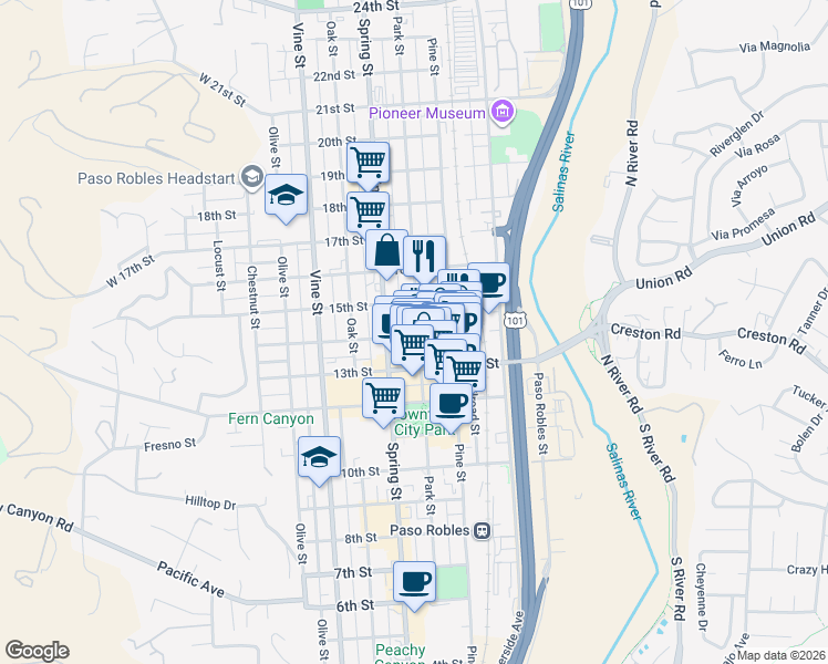map of restaurants, bars, coffee shops, grocery stores, and more near 1401 Park Street in Paso Robles
