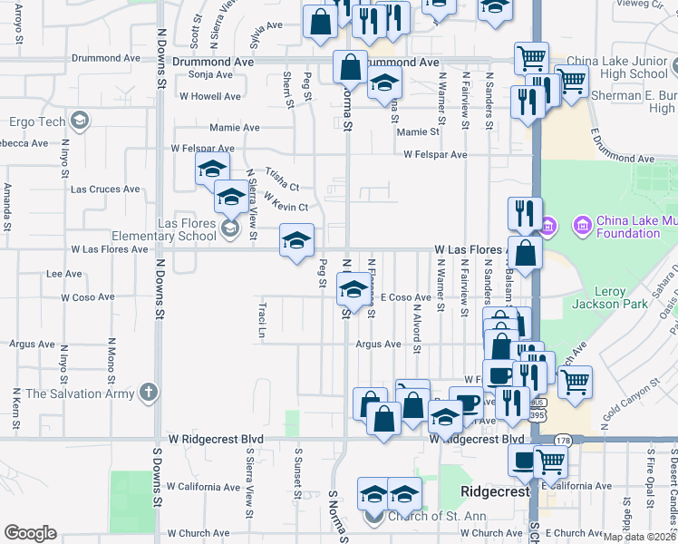 map of restaurants, bars, coffee shops, grocery stores, and more near 432 Peg Street in Ridgecrest