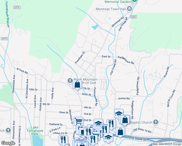 map of restaurants, bars, coffee shops, grocery stores, and more near 4 Hamlet Street in Black Mountain