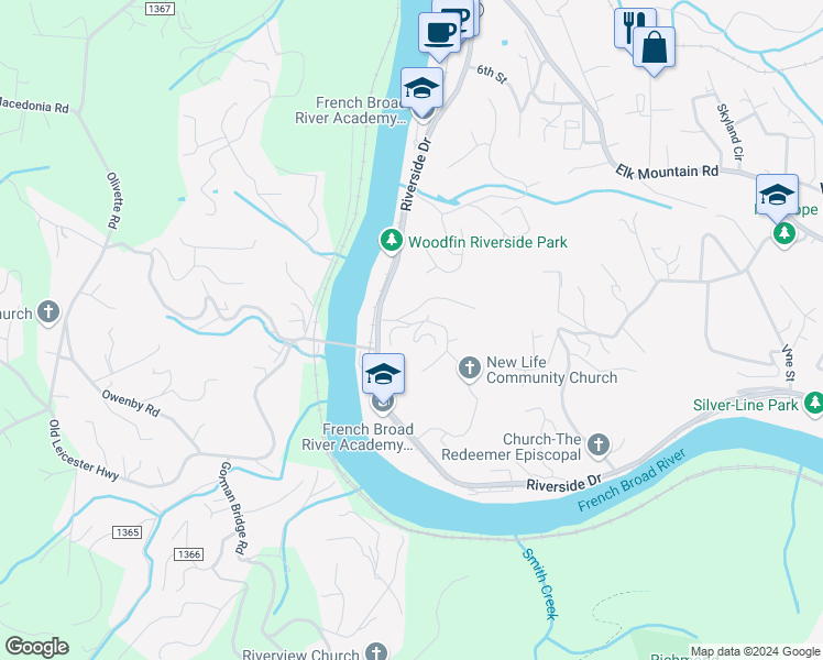 map of restaurants, bars, coffee shops, grocery stores, and more near 11 West City View Drive in Asheville