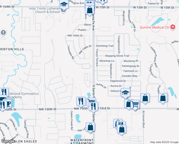 map of restaurants, bars, coffee shops, grocery stores, and more near 15 Northwest 155th Street in Edmond