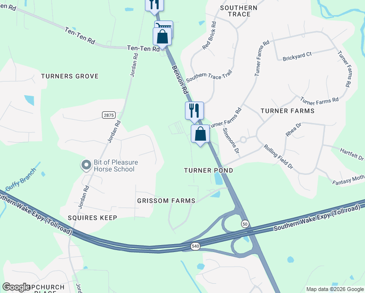 map of restaurants, bars, coffee shops, grocery stores, and more near 3701 Wakefield Lane in Garner