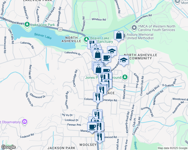map of restaurants, bars, coffee shops, grocery stores, and more near 105 Lakeshore Drive in Asheville