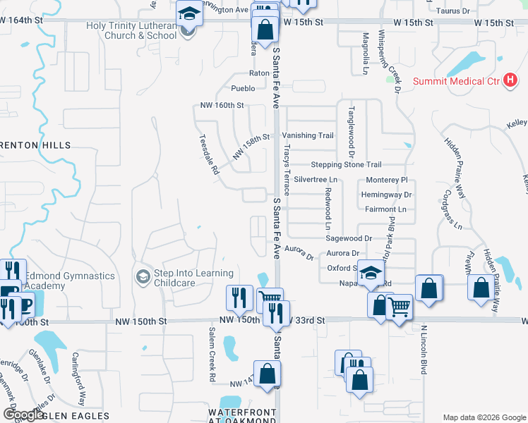 map of restaurants, bars, coffee shops, grocery stores, and more near 15 Northwest 155th Street in Edmond