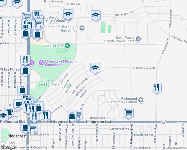 map of restaurants, bars, coffee shops, grocery stores, and more near 674 North Gold Canyon Street in Ridgecrest
