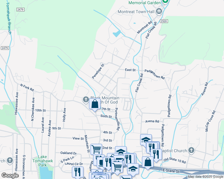 map of restaurants, bars, coffee shops, grocery stores, and more near 4 Hamlet Street in Black Mountain