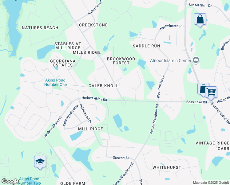 map of restaurants, bars, coffee shops, grocery stores, and more near 1512 Bass Lake Road in Holly Springs