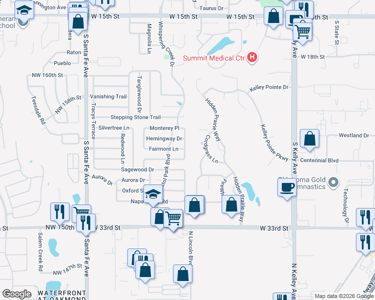 map of restaurants, bars, coffee shops, grocery stores, and more near 1508 Wildrye Circle in Edmond