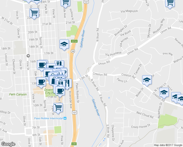 map of restaurants, bars, coffee shops, grocery stores, and more near 2 Creston Road in Paso Robles