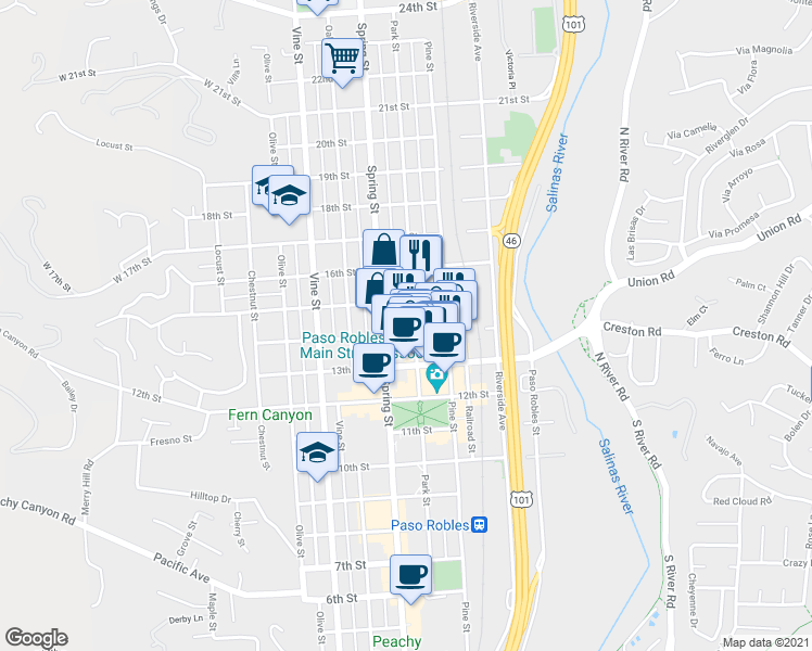 map of restaurants, bars, coffee shops, grocery stores, and more near 1401 Park Street in Paso Robles