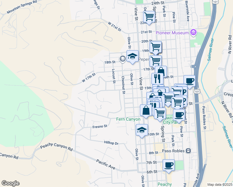 map of restaurants, bars, coffee shops, grocery stores, and more near 138 15th Street in Paso Robles