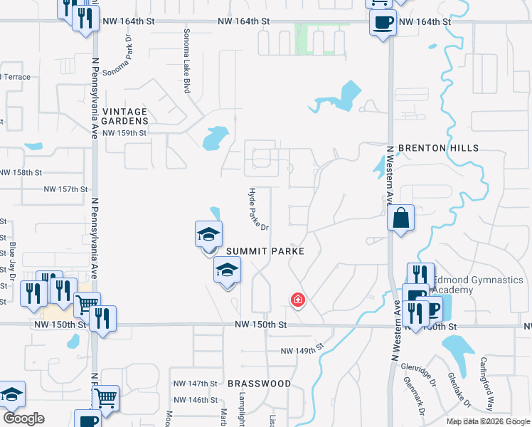 map of restaurants, bars, coffee shops, grocery stores, and more near 15621 Summit Parke Drive in Edmond