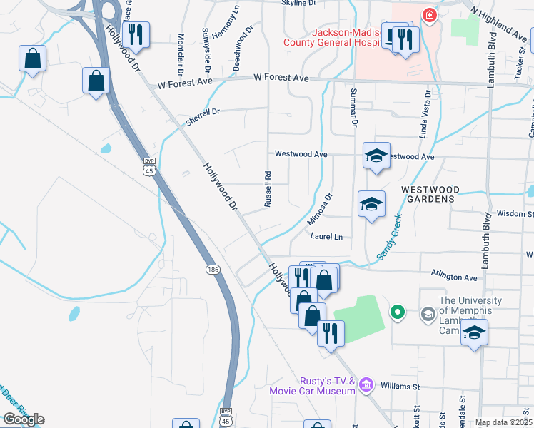 map of restaurants, bars, coffee shops, grocery stores, and more near 40 Russell Road in Jackson