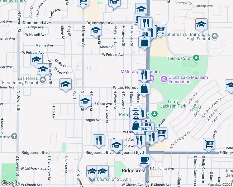 map of restaurants, bars, coffee shops, grocery stores, and more near 424 North Warner Street in Ridgecrest