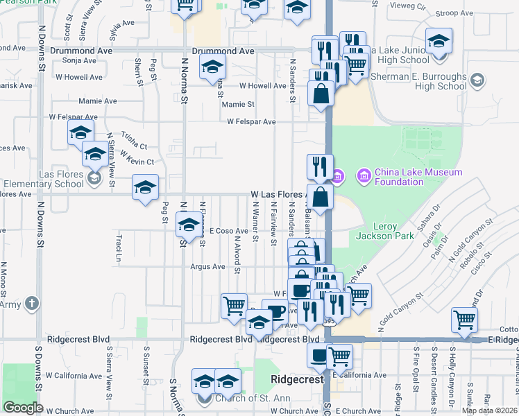 map of restaurants, bars, coffee shops, grocery stores, and more near 433 North Fairview Street in Ridgecrest