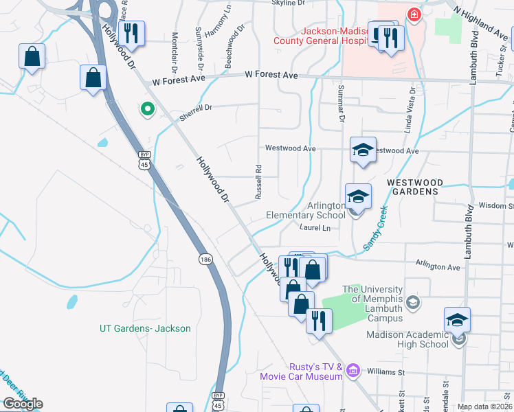 map of restaurants, bars, coffee shops, grocery stores, and more near 40 Russell Road in Jackson