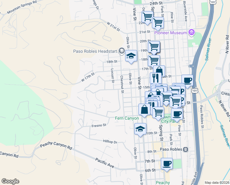 map of restaurants, bars, coffee shops, grocery stores, and more near 138 15th Street in Paso Robles