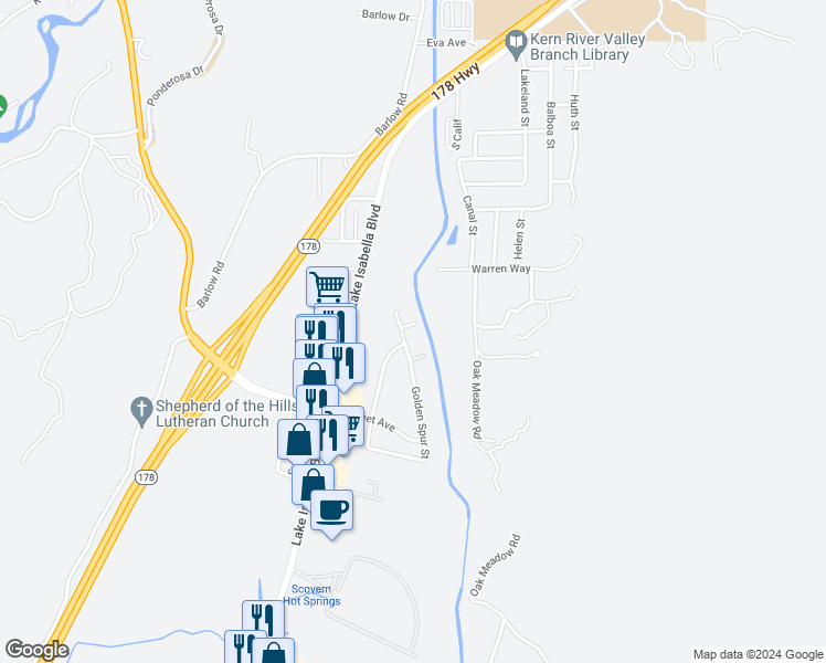map of restaurants, bars, coffee shops, grocery stores, and more near 3820 Golden Spur Street in Lake Isabella