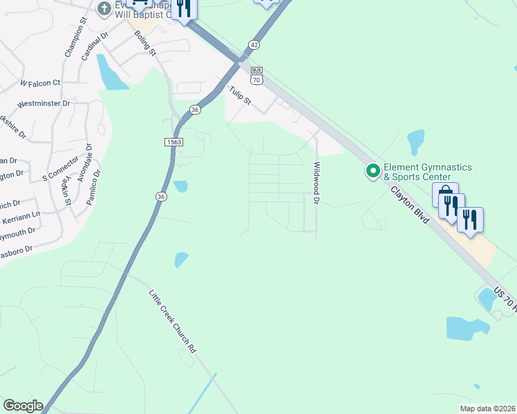 map of restaurants, bars, coffee shops, grocery stores, and more near 261 Pansy Park in Clayton