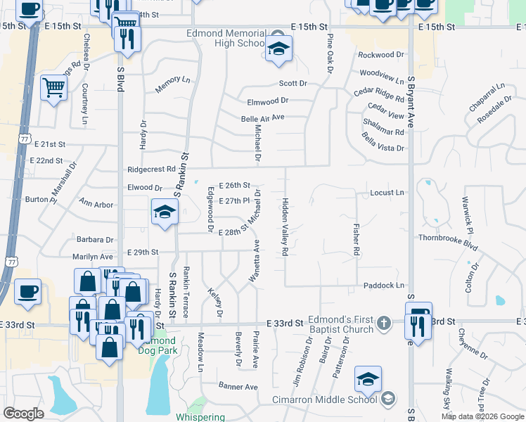 map of restaurants, bars, coffee shops, grocery stores, and more near 2633 Michael Drive in Edmond