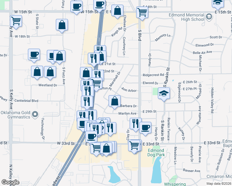 map of restaurants, bars, coffee shops, grocery stores, and more near 98 Burton Place in Edmond