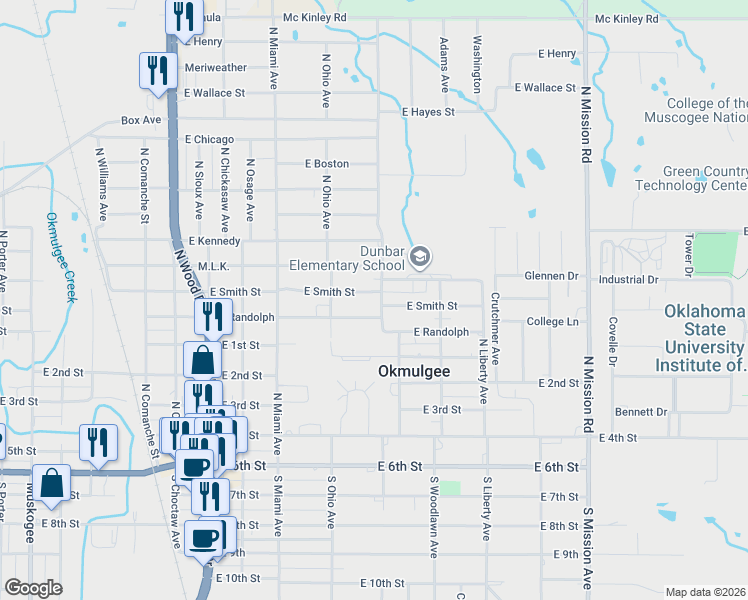 map of restaurants, bars, coffee shops, grocery stores, and more near 1319 East Smith Street in Okmulgee