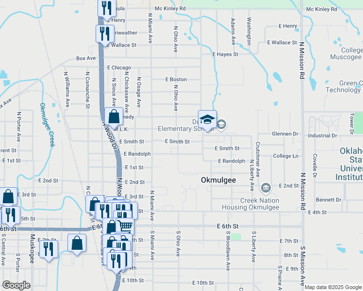 map of restaurants, bars, coffee shops, grocery stores, and more near 1300 East Smith Street in Okmulgee