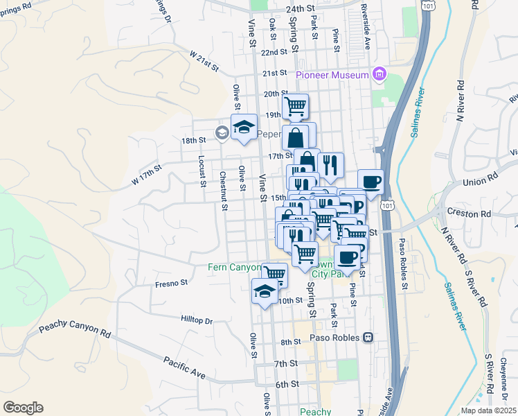 map of restaurants, bars, coffee shops, grocery stores, and more near 1445 Vine Street in Paso Robles