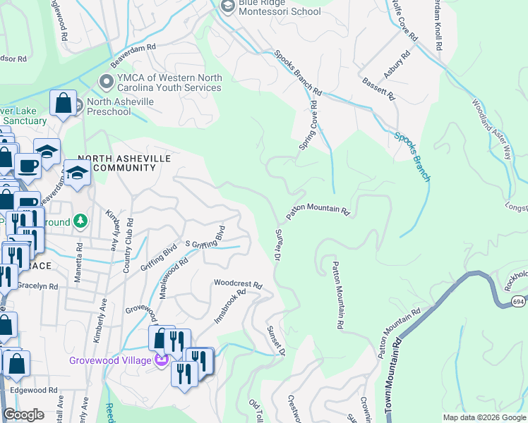 map of restaurants, bars, coffee shops, grocery stores, and more near 511 North Griffing Boulevard in Asheville