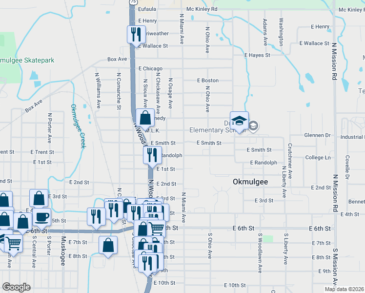 map of restaurants, bars, coffee shops, grocery stores, and more near 1115 East Smith Street in Okmulgee