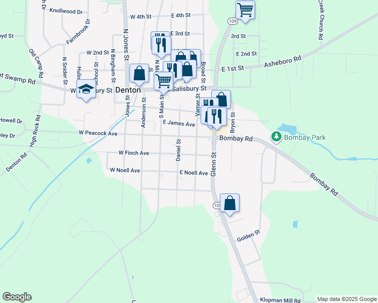 map of restaurants, bars, coffee shops, grocery stores, and more near 131 East Finch Avenue in Denton