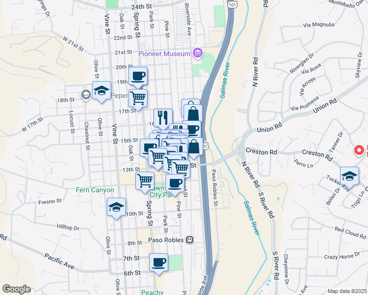 map of restaurants, bars, coffee shops, grocery stores, and more near 1430 Railroad Street in Paso Robles