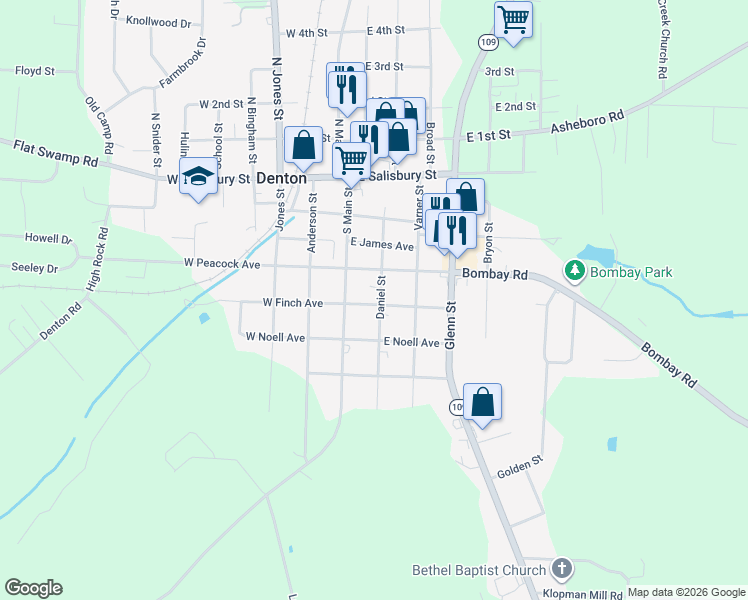 map of restaurants, bars, coffee shops, grocery stores, and more near 288 Daniel Street in Denton