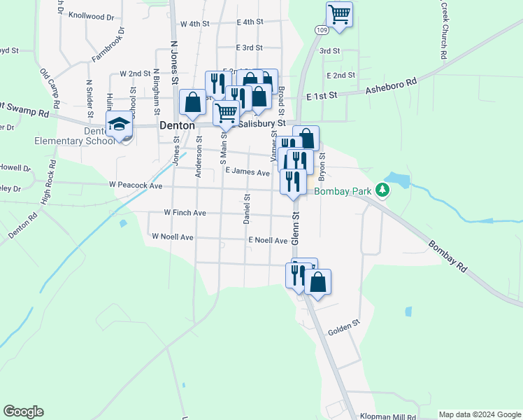 map of restaurants, bars, coffee shops, grocery stores, and more near 131 East Finch Avenue in Denton