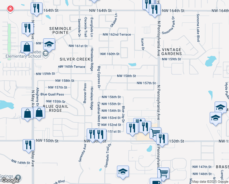 map of restaurants, bars, coffee shops, grocery stores, and more near 2332 Northwest 157th Terrace in Edmond