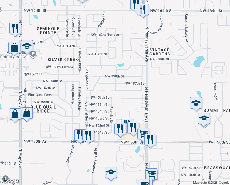 map of restaurants, bars, coffee shops, grocery stores, and more near 2300 Northwest 157th Terrace in Edmond
