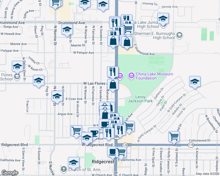 map of restaurants, bars, coffee shops, grocery stores, and more near 433 North China Lake Boulevard in Ridgecrest