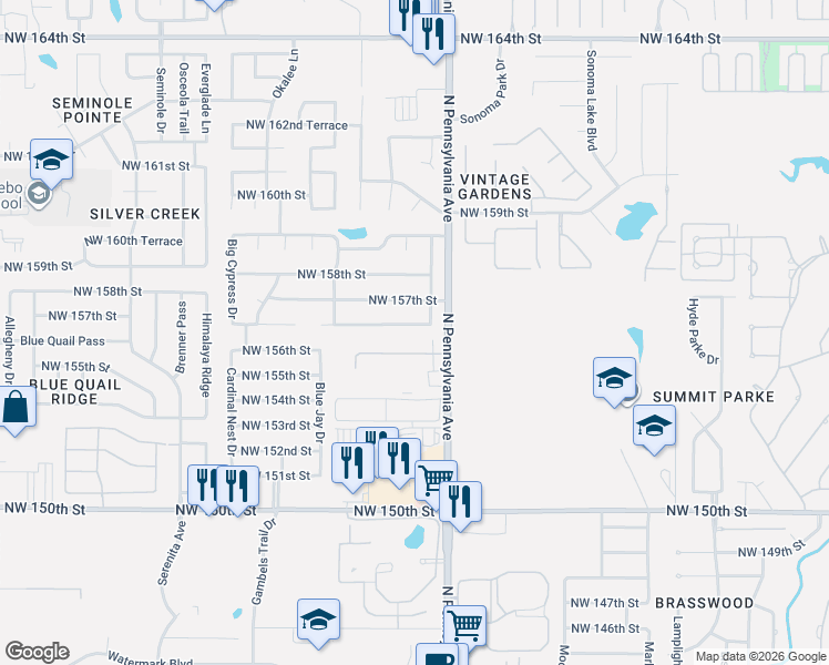 map of restaurants, bars, coffee shops, grocery stores, and more near 2116 Northwest 157th Terrace in Edmond