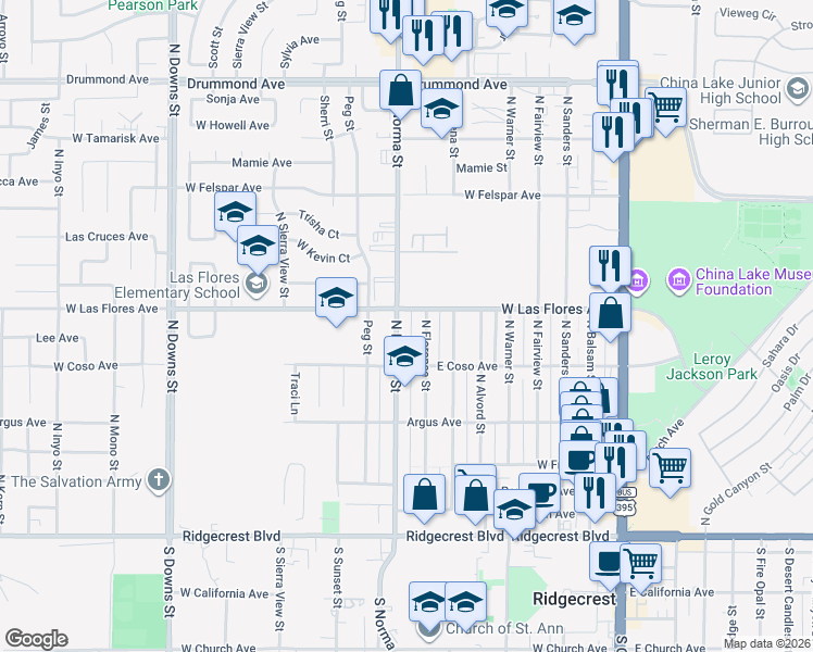 map of restaurants, bars, coffee shops, grocery stores, and more near 433 North Florence Street in Ridgecrest