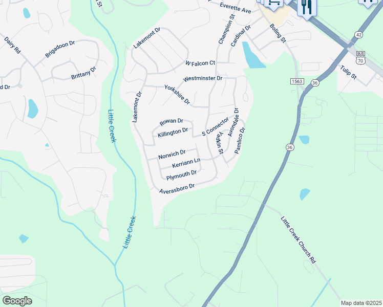 map of restaurants, bars, coffee shops, grocery stores, and more near 35 Norwich Drive in Clayton