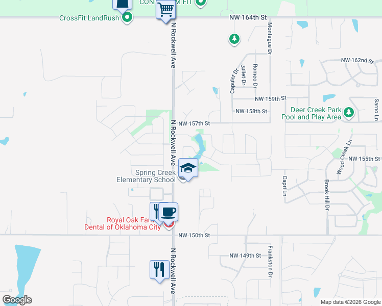map of restaurants, bars, coffee shops, grocery stores, and more near 6913 Northwest 155th Street in Edmond