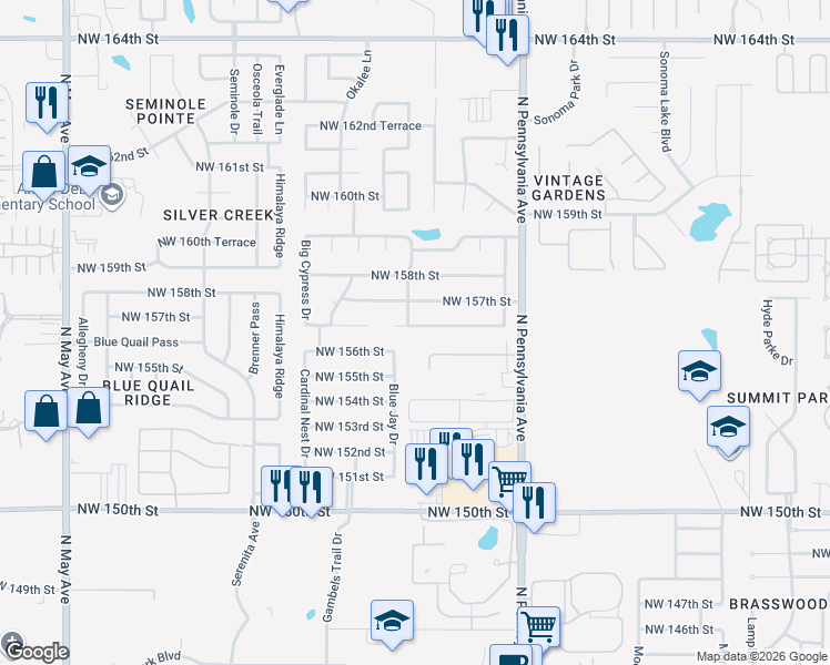 map of restaurants, bars, coffee shops, grocery stores, and more near 2300 Northwest 157th Terrace in Edmond
