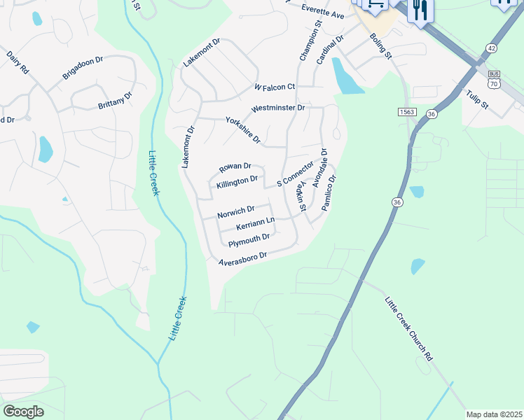 map of restaurants, bars, coffee shops, grocery stores, and more near 35 Norwich Drive in Clayton
