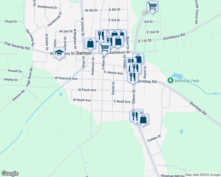 map of restaurants, bars, coffee shops, grocery stores, and more near 288 Daniel Street in Denton