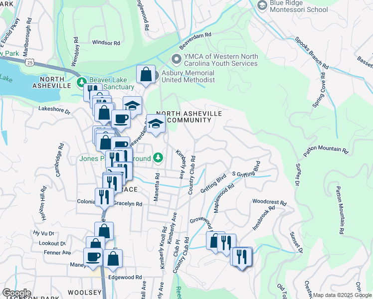 map of restaurants, bars, coffee shops, grocery stores, and more near 99999 Country Club Lane in Asheville