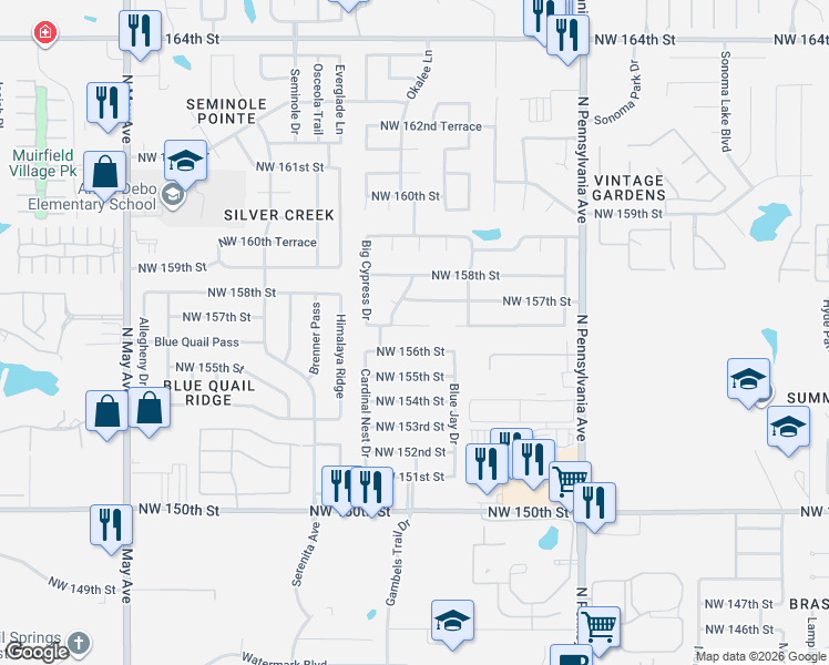 map of restaurants, bars, coffee shops, grocery stores, and more near 2332 Northwest 157th Terrace in Edmond